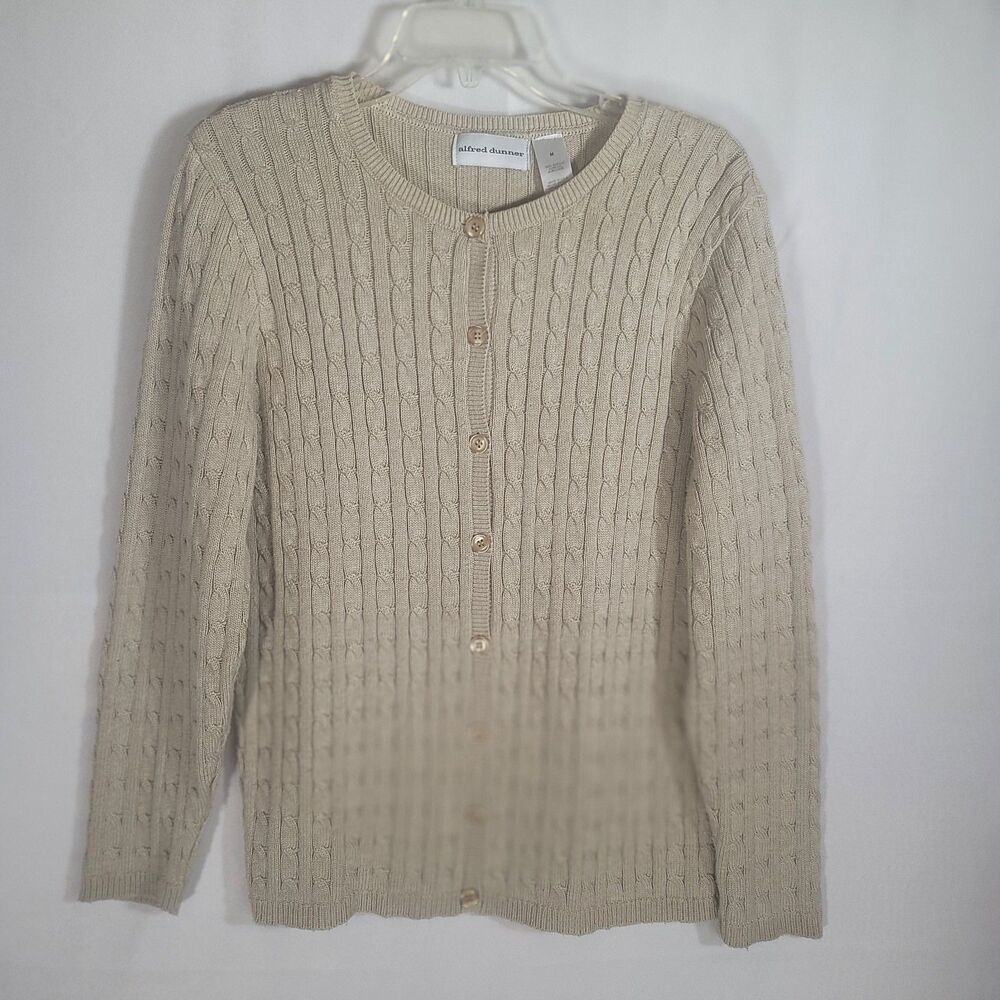 Alfred Dunner Beige Vintage Button Up Cable Knit Cardigan Sweater Women's Size M